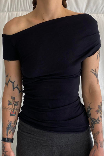 Cap Sleeve Falling Drape Top / Black or Navy